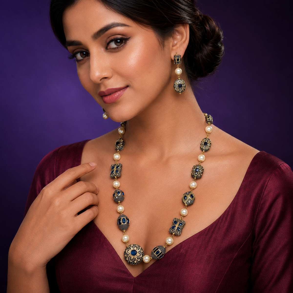 Meenakari and pearls single lina mala with earrings