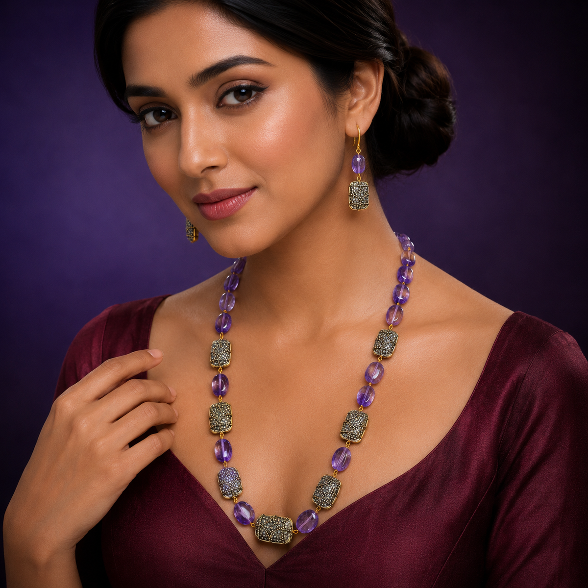 Jaipuri stone wtih Purple stones mala for women