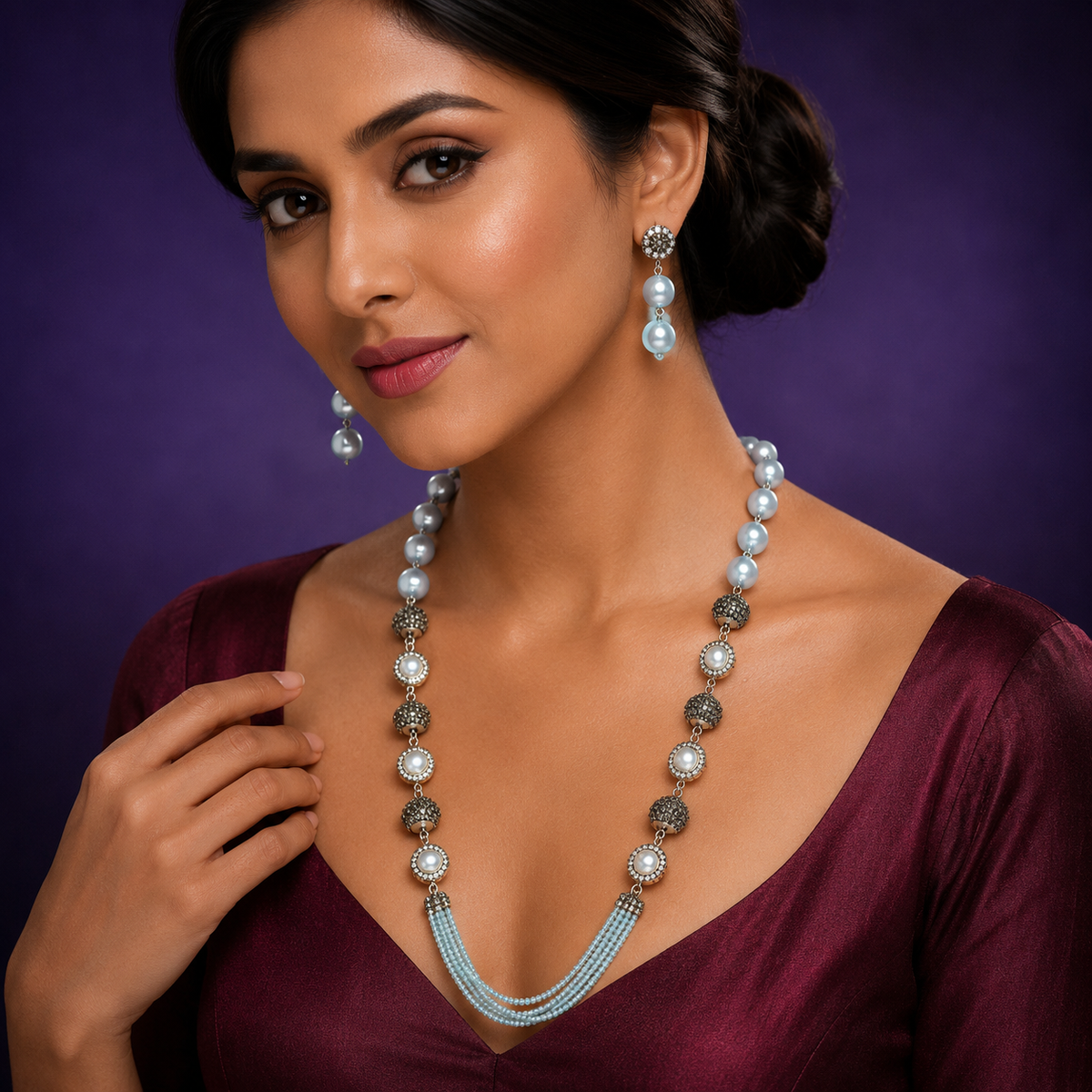 Shimmering stones with pearls mala in ice blue for women