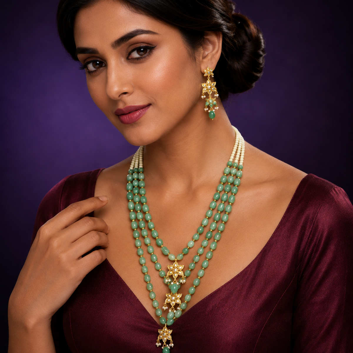 Kundan motives with mint stone three layered mala with earrings