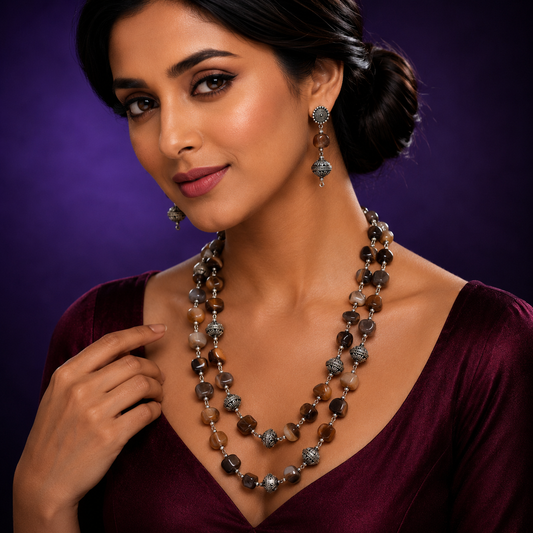 Jaipuri beaded mala in browm and black beads for girls and ladies with earrings