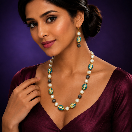 oval natural with teal colour beads and pearls mala for women