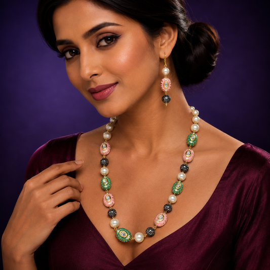 oval natural with Patel colour beads and pearls mala for women