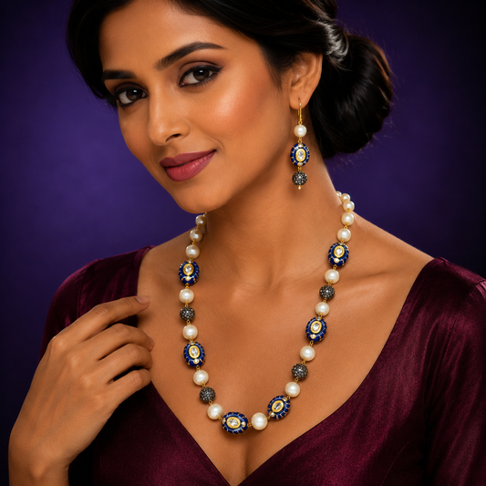 oval natural with Blue beads and pearls mala for women