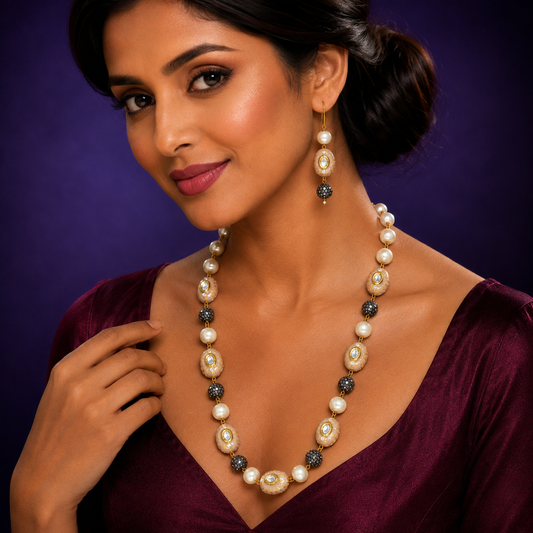 oval natural with Beige beads and pearls mala for women