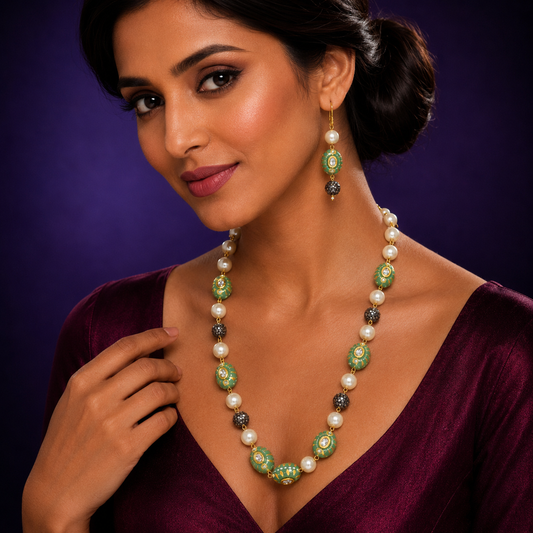 oval natural with mint beads and pearls mala for women