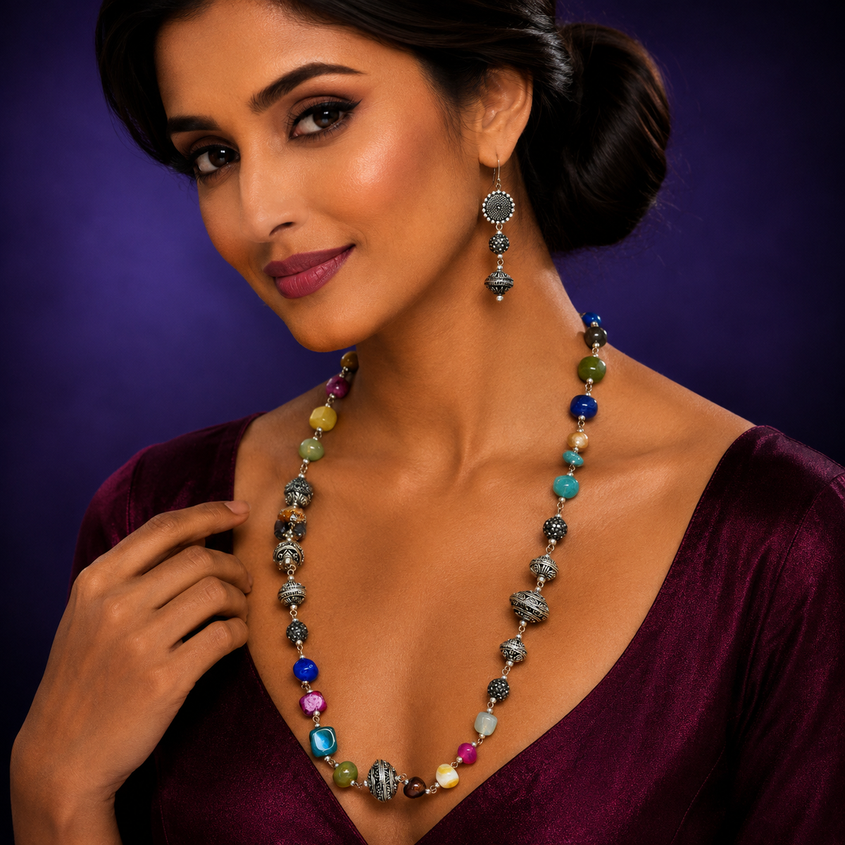 Single layered multicolour mala  pastels with earrings for women