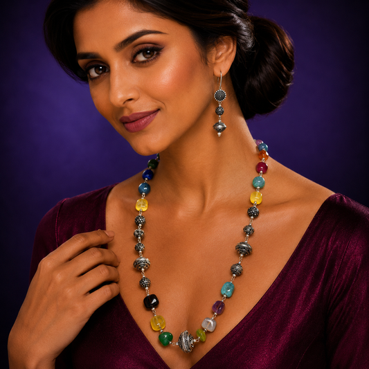 Single layered multicolour mala  with earrings for women