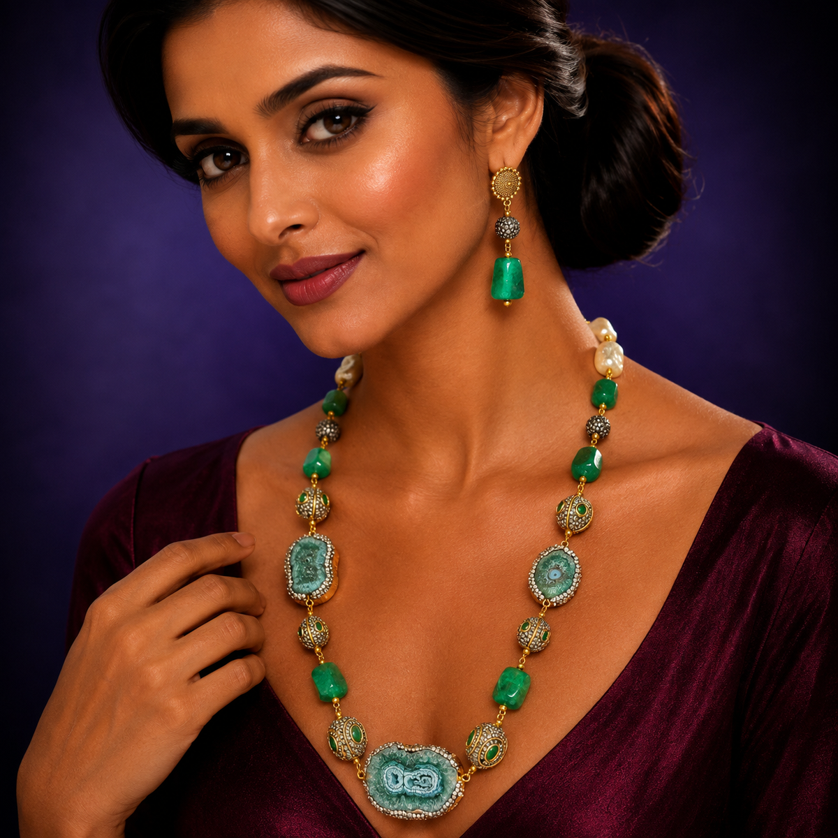 beads with natural stone beads mala in green for women