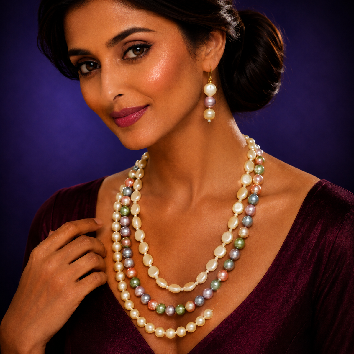 Three layered mala in pearls in Multicolour with hook earrings for women