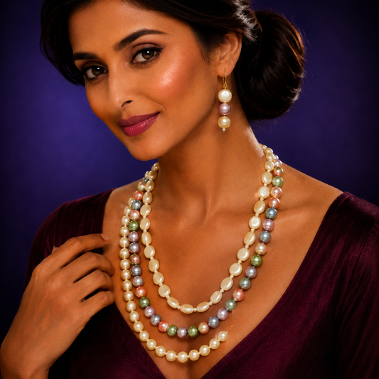 Three layered mala in pearls in Multicolour with hook earrings for women