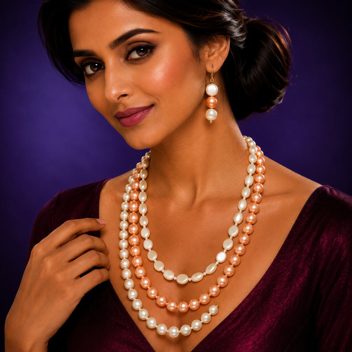 Three layered mala in pearls in peach with hook earrings for women