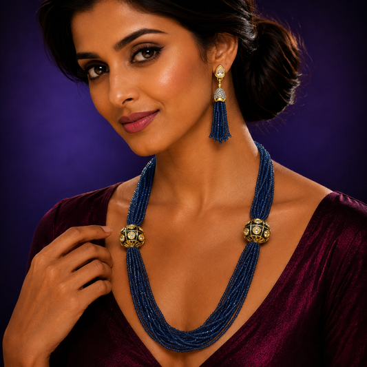 Rice beads with side tanjore balls mala in blue for women