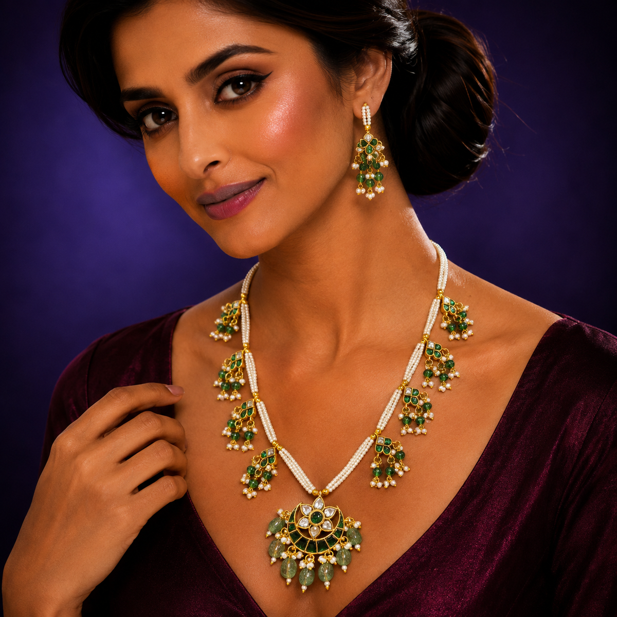 Chaand  Paachi kundan pendent With side motives in emerald green  for women
