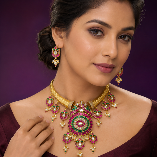 Hasli with peacock and kemp stones necklace in ruby  for women