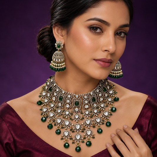Aditee polki with emerald green stones bridal necklace in mosanite with jhumkis for women and bridals