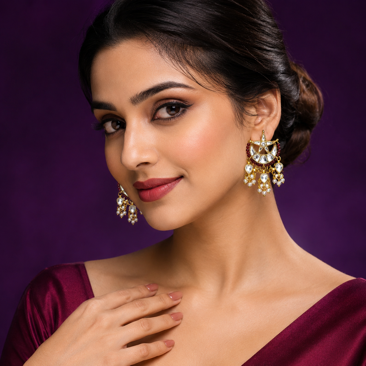 Chaand  earrings with flower in paachi kundan for women