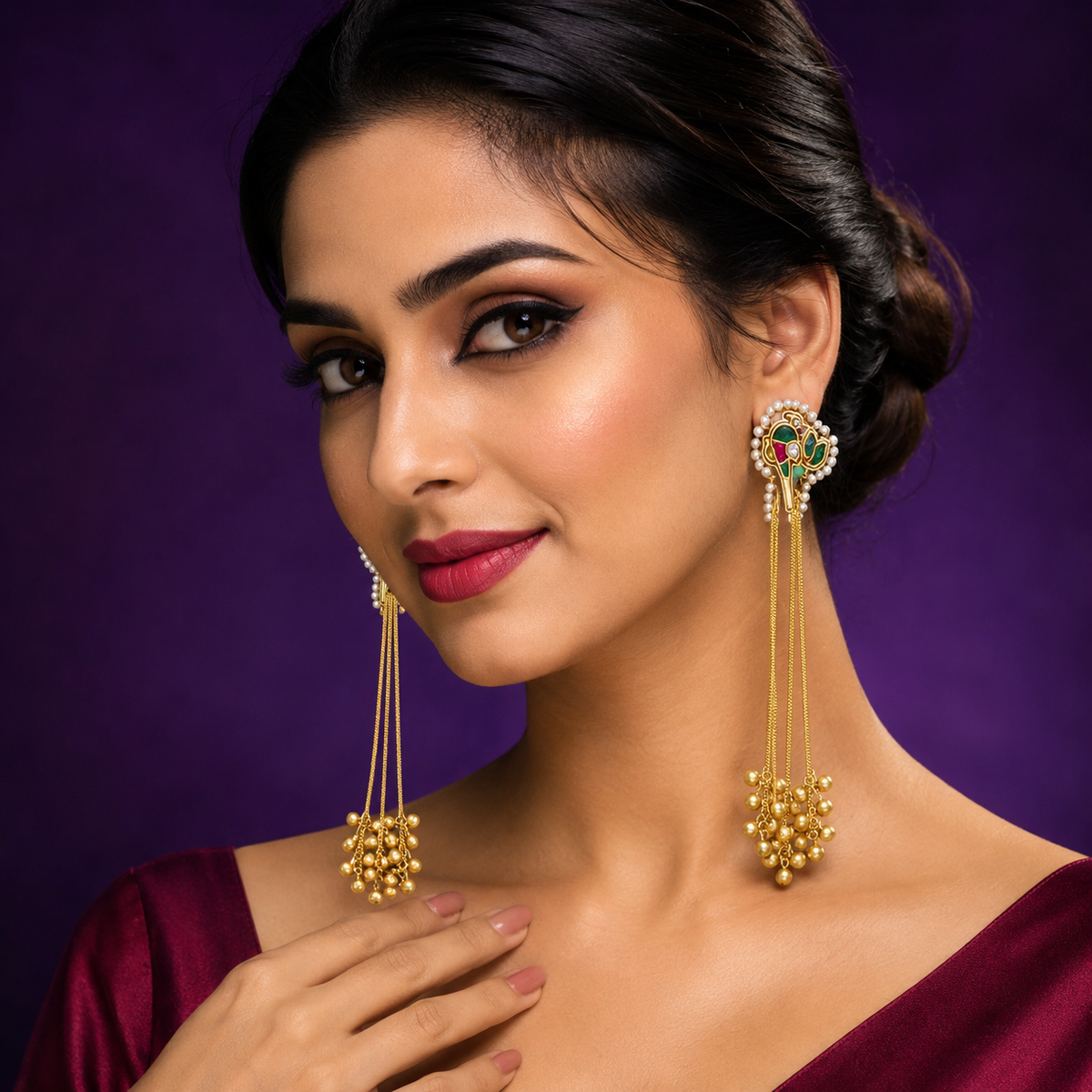 Kashmiri long earring in golden tone with chain string with bird and lotus for womens