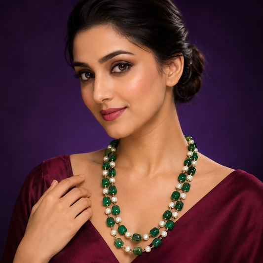 Avika two layered emerald and pearl mala for women