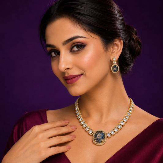 Harshita mosanite with Marble doublet stone  necklace  in Black For women