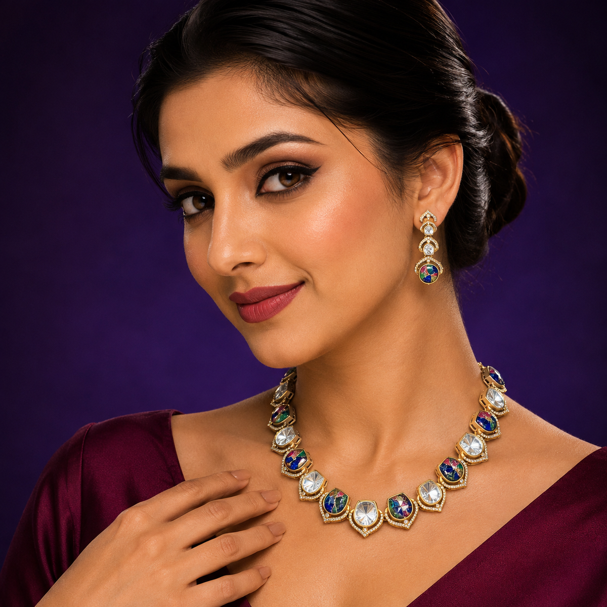 Malini mosanite with Marble doublet stone chain necklace in Multi  For women