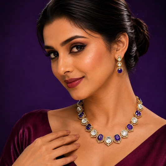 Malini mosanite with Marble doublet stone chain necklace in Purple  For women