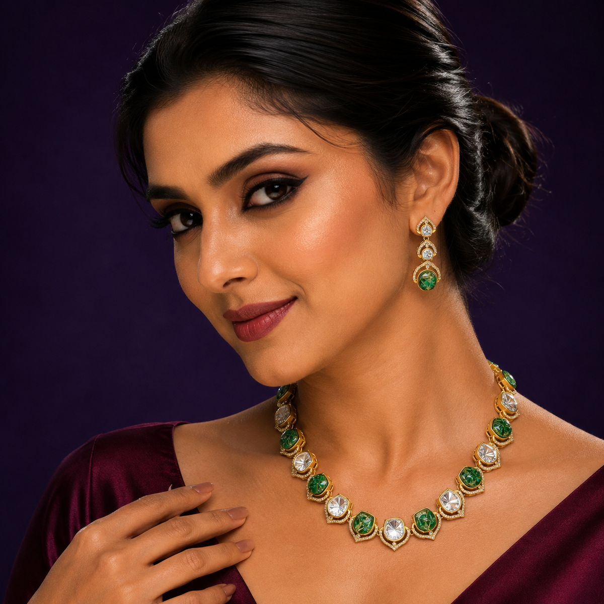 Malini mosanite with Marble doublet stone chain necklace in Green  For women
