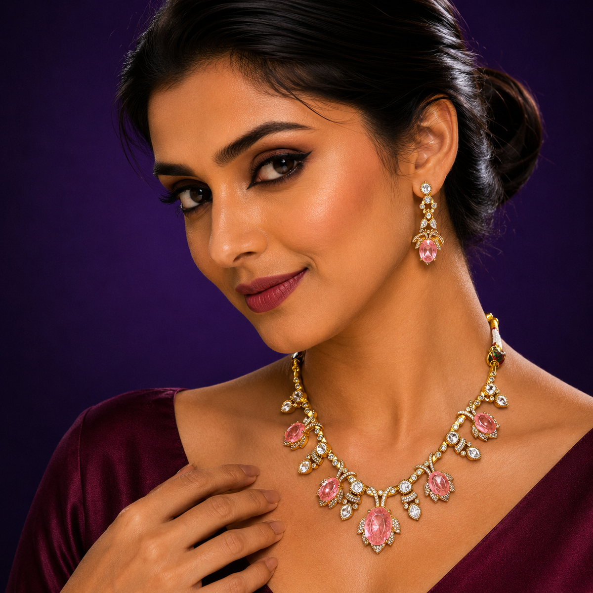Diksha mosanite necklace with Doublet stones in Peach  necklace For women