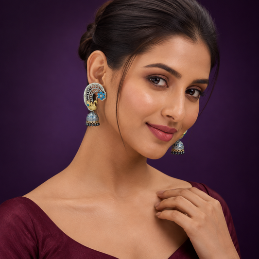 Peacock silver look alike earcuff like  in ocean blue earrings