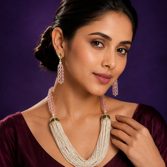 Monalisa beads with rice beads mala in Peach for women