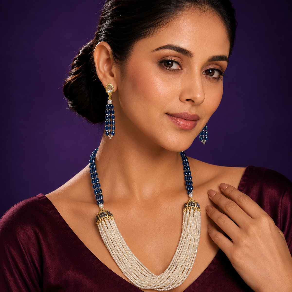 Monalisa beads with rice beads mala in Blue for women