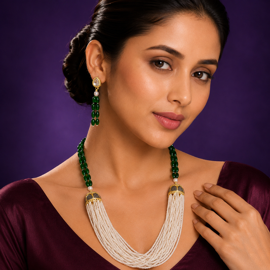 Monalisa beads with rice beads mala in Green for women