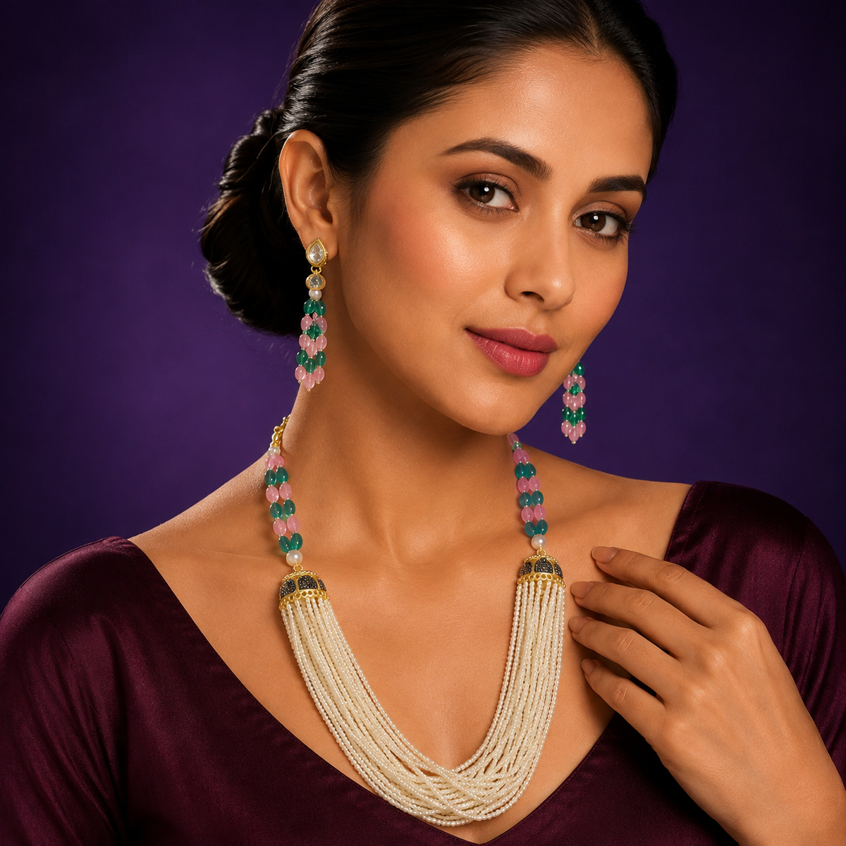 Monalisa beads with rice beads mala in Multi for women