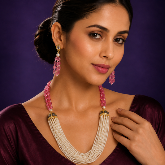 Monalisa beads with rice beads mala in Pink for women