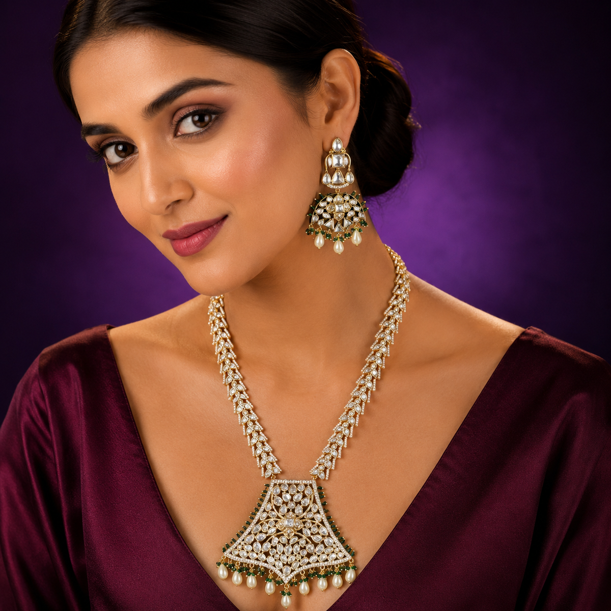 Sunaheri kundan long necklace with broad pendent in green with kundan chain for women