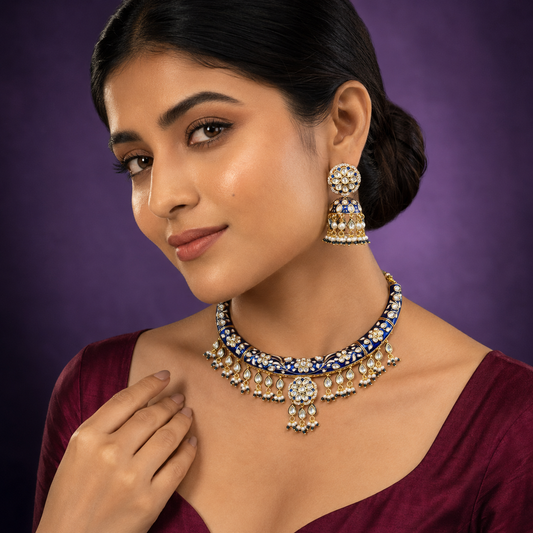 Meenakari hasli in blue with long kundan earrings for women