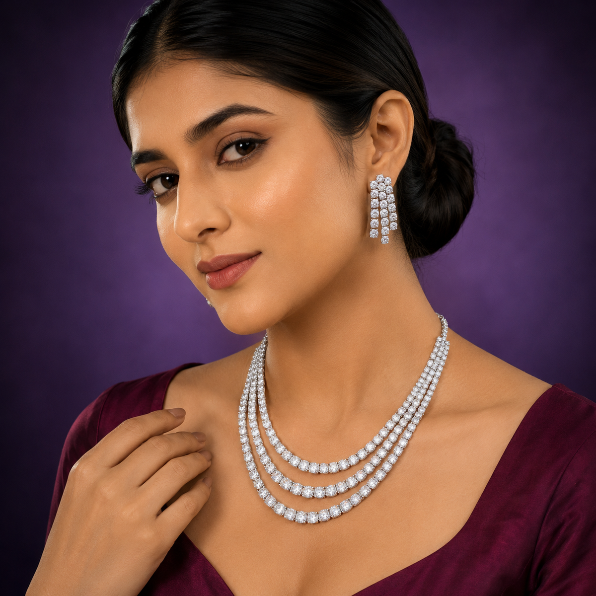 Solitaire three layered Golden polish diamond necklace for women