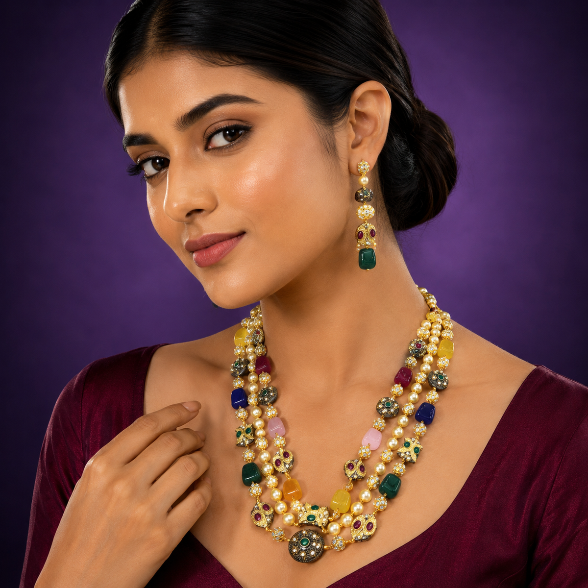 Jaipuri mala tanjore and coloured beads in three layered for women