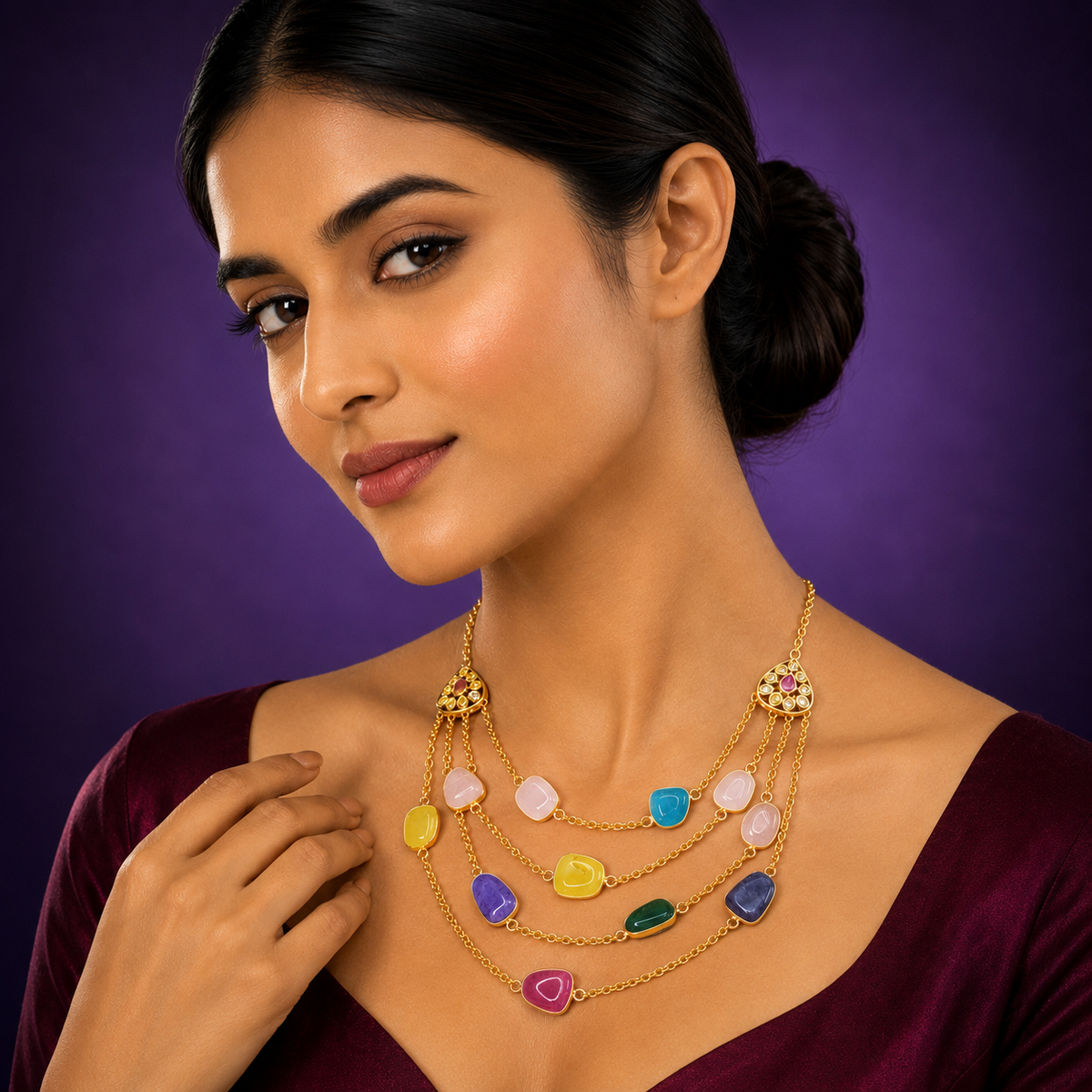 Golden polish triple layered colourful stones necklace  for women