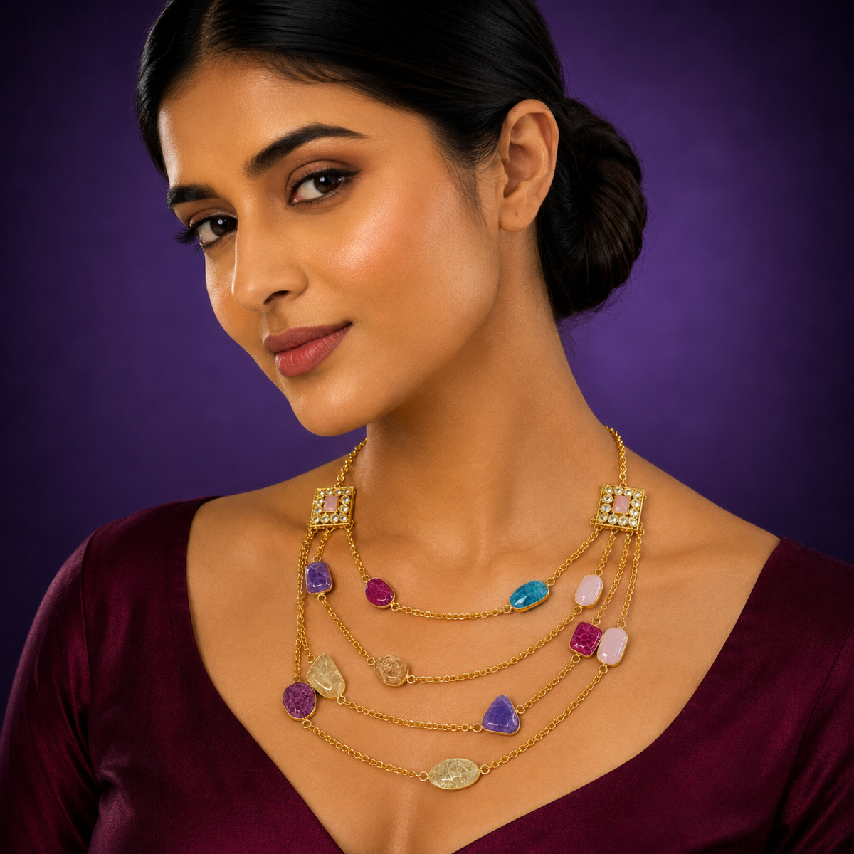 Golden polish triple layered colourful stones necklace  for women