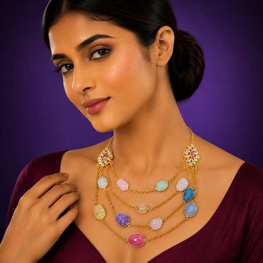 Golden polish triple layered colourful stones necklace in multi colour for women