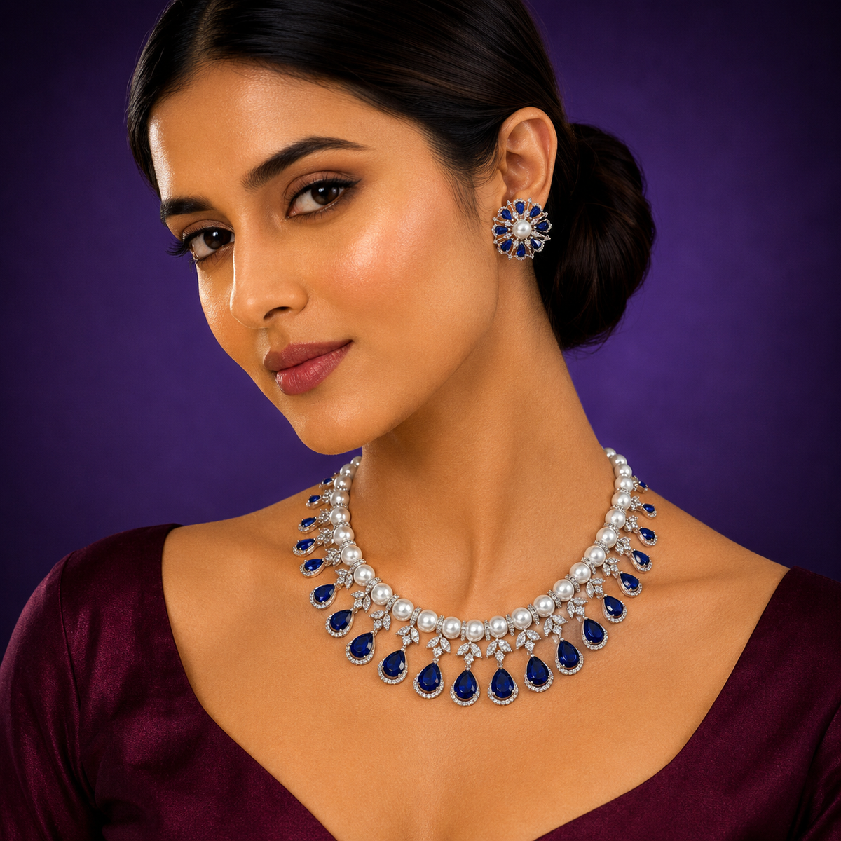 Elena  american diamond with pearls necklace in Blue for women