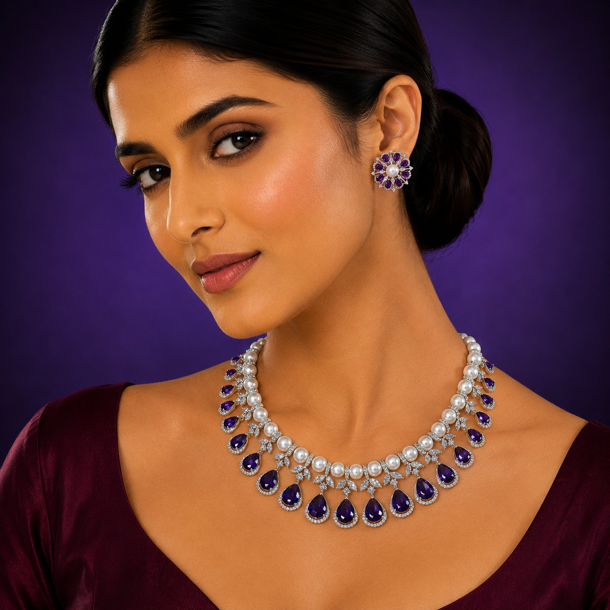 Elena  american diamond with pearls necklace in Amethist for women