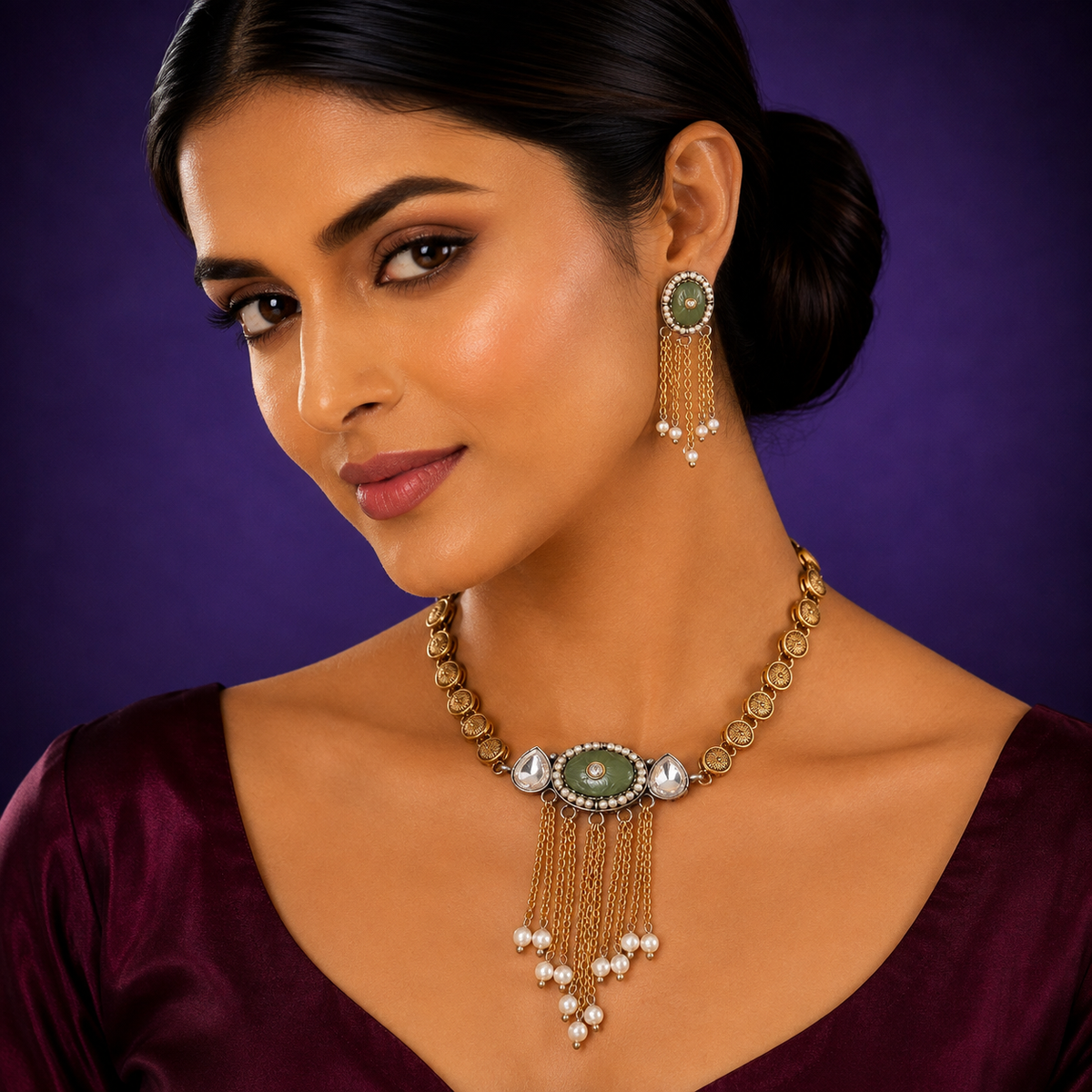 Gehna necklace in carved stone from Amrapali inspired collection in brass gold polish