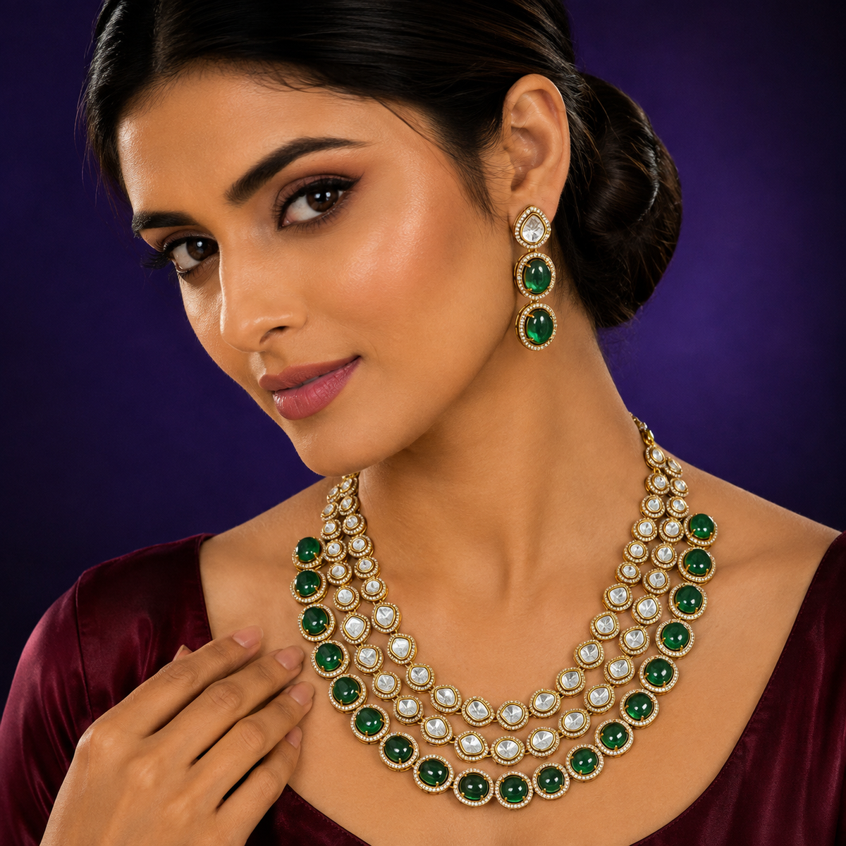 Three Layer Green Kundan Polki Necklace for woman