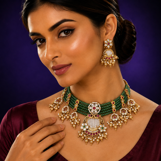 Amaira Rajwadi traditional style kundan Broad necklace beading in green for womens