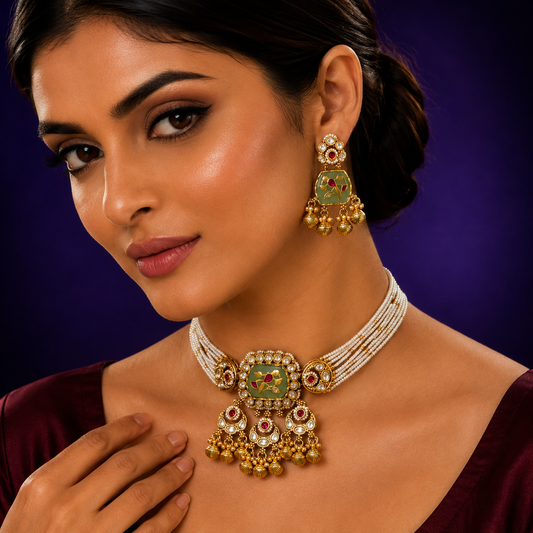 Rajwadi traditional kundan Green  necklace