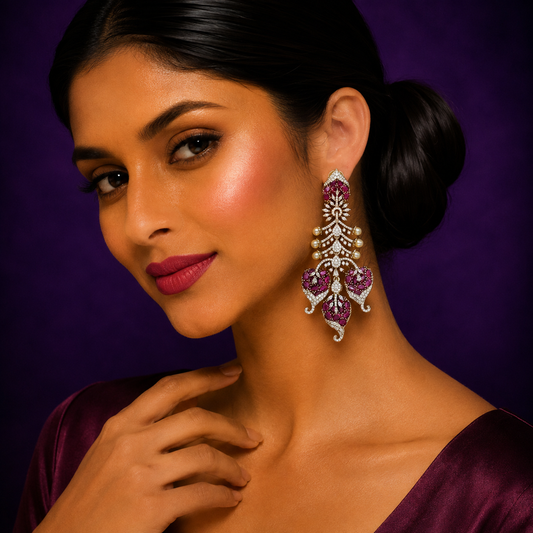 Elegant Long Earrings with Red Stones, Pearls & Gold Crystals