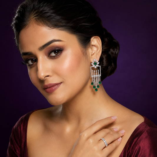 Geometric Floral Dangle Earrings with Green CZ Drops
