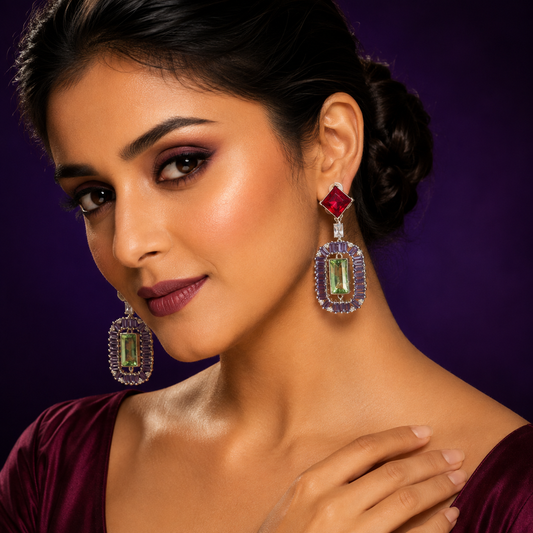 Colorful swarovski Statement Earrings with mint green Center Stone